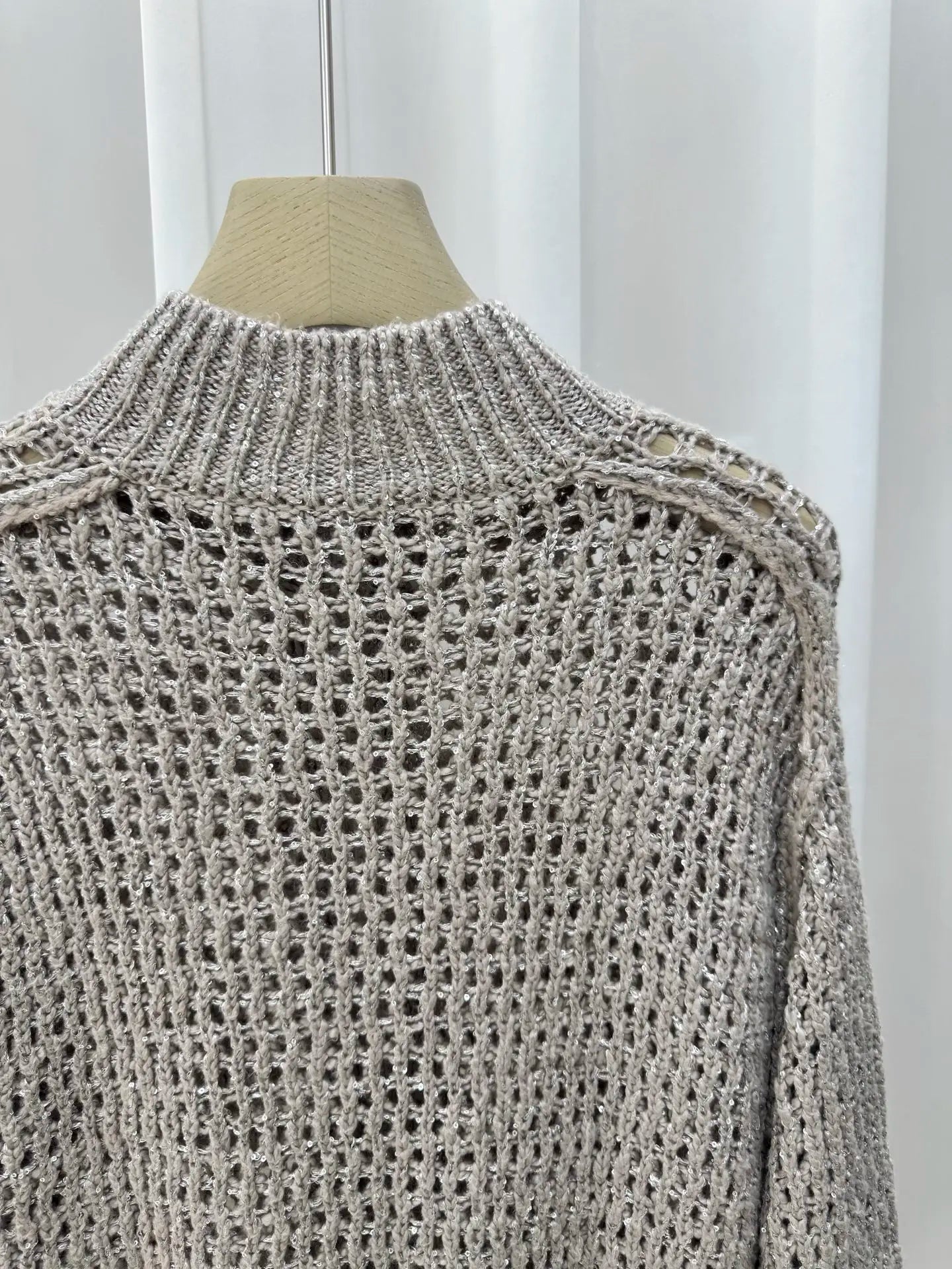 Women's Silk Linen Blend Grey Hollow Out Knit Cardigan Zip Up Mock Neck Long Sleeve Sweater