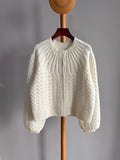 Women's Cashmere White Hollow Out Knit Cardigan Loose Fit Lantern Sleeve Casual Sweater