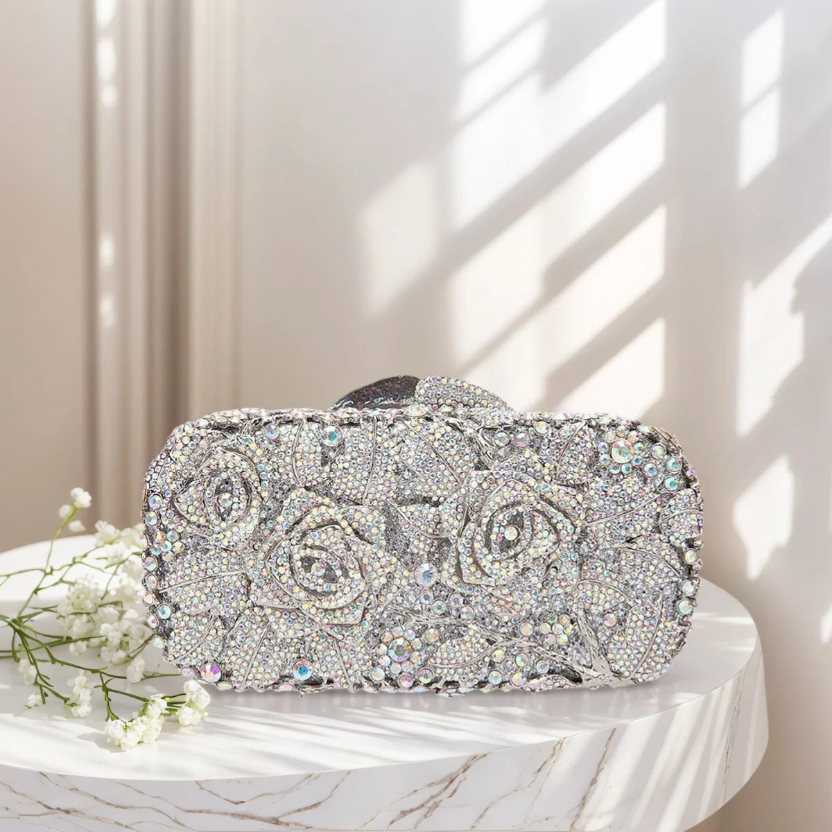 Glam Women Floral Rhinestone Evening Clutch Dazzling Crystal Purse Shiny Diamond Handbag for Wedding Party
