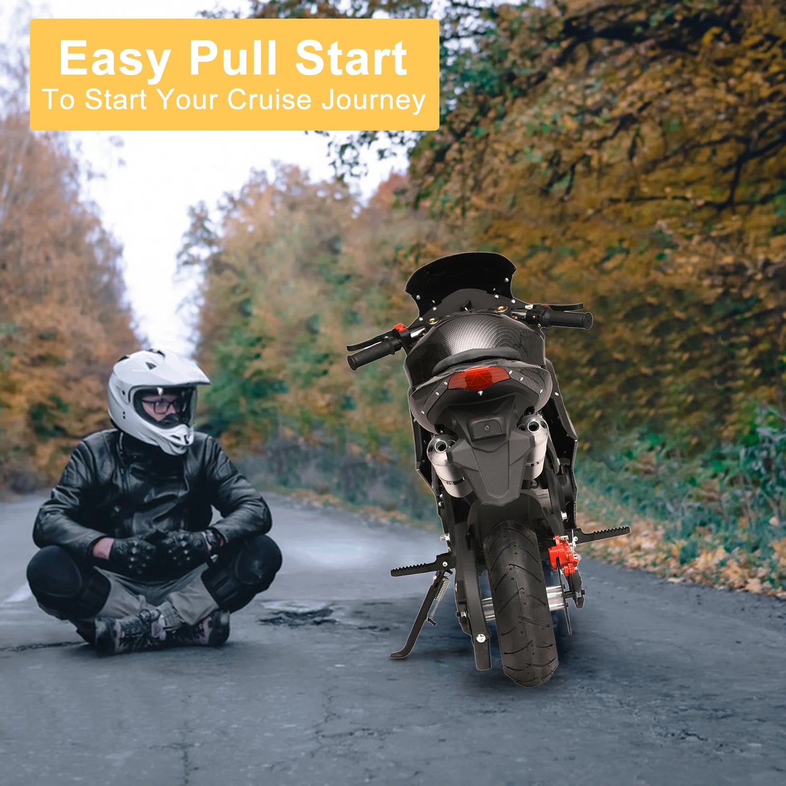 49cc 4-Stroke Mini Motorcycle Gas Pocket Motorbike Pocket Rocket Motorcycle with Front Rear Disc Brakes Racing Max Speed 25MPH