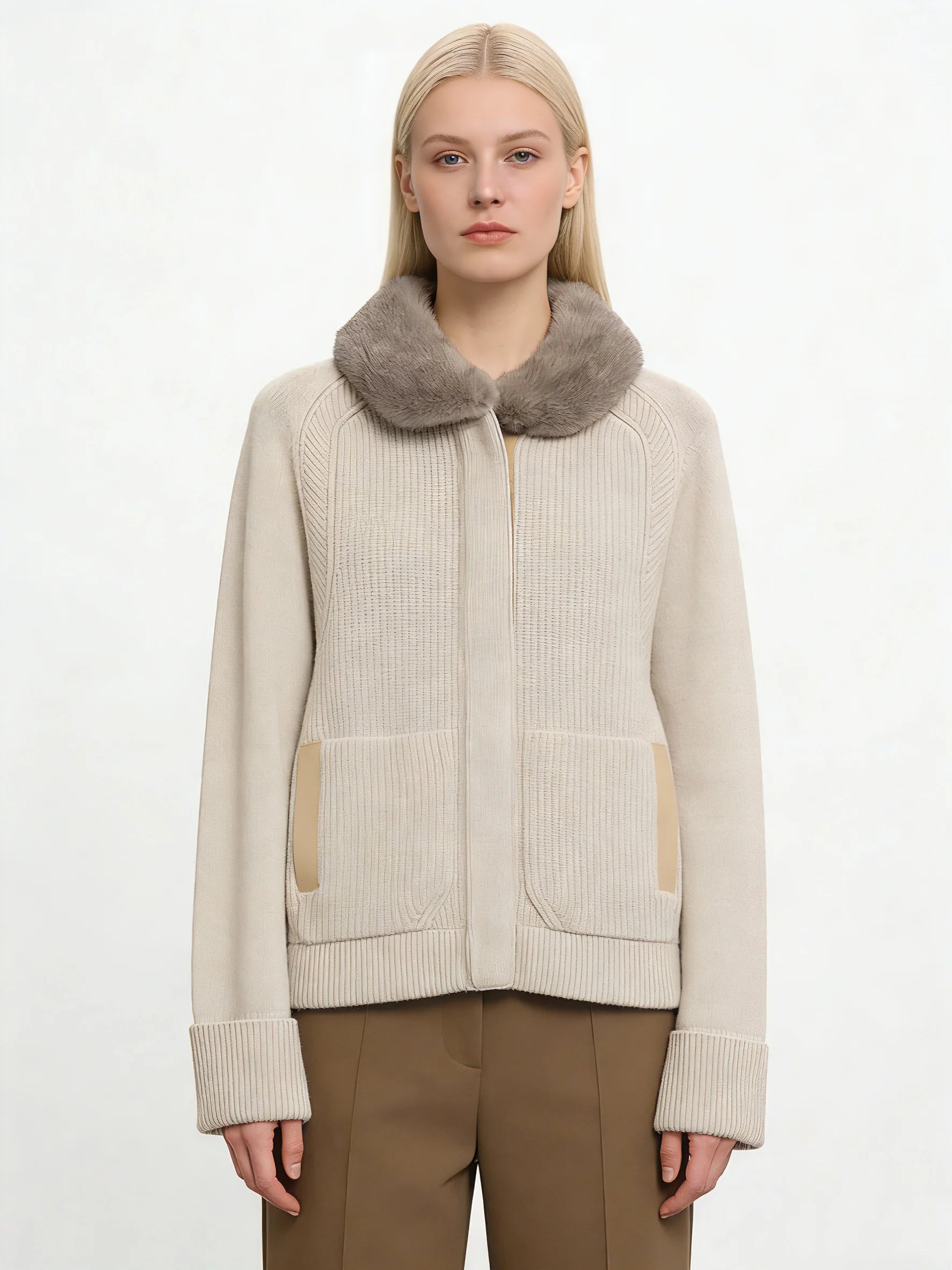 100% Cashmere Beige Mink Fur Collar Knit Cardigan Women Loose Patch Pocket Knitted Sweater Coat