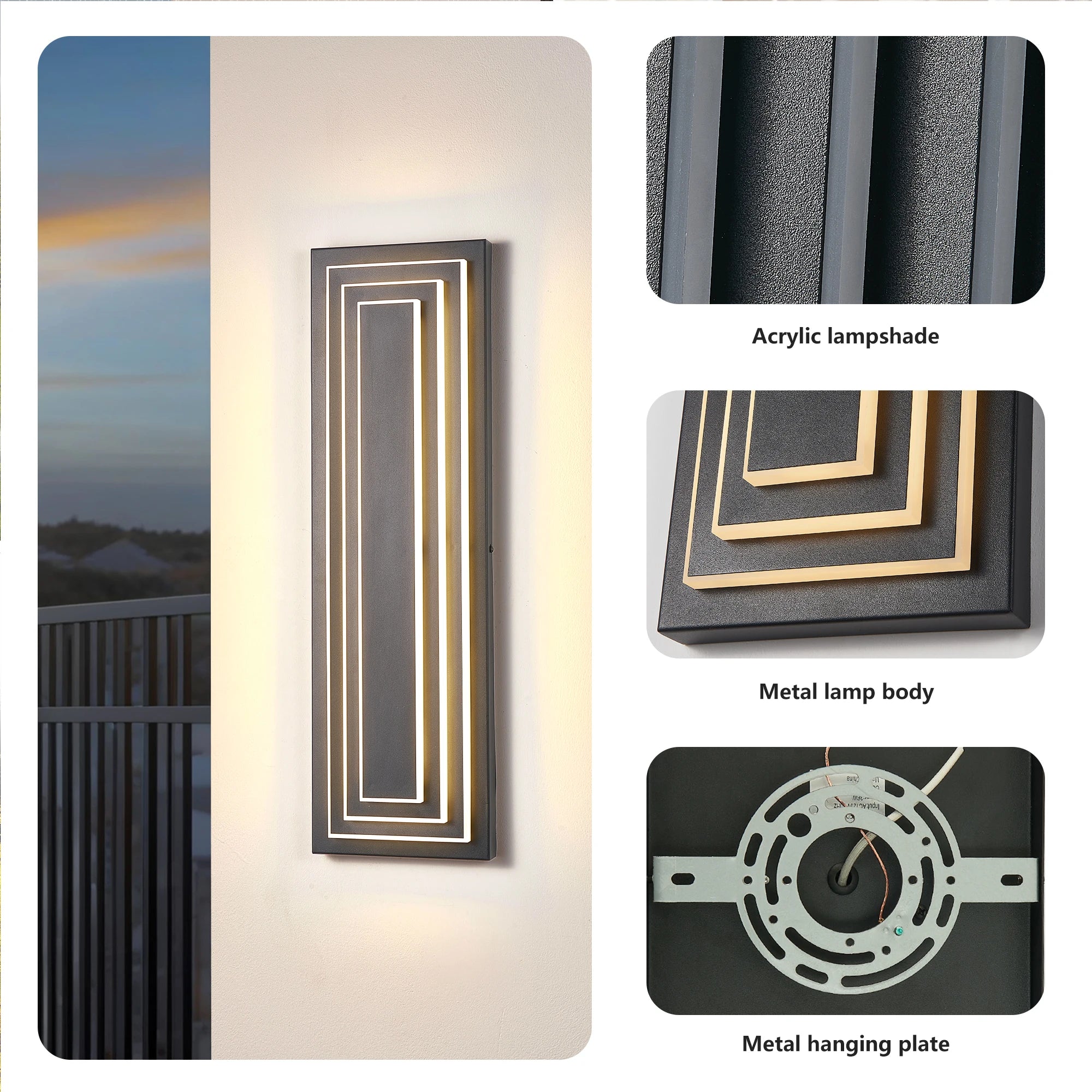 2-Pack Contemporary Outdoor Wall Sconce, Waterproof Metal & Acrylic LED Fixture with 3000K Warm Light, 36W 110-120V UL Listed