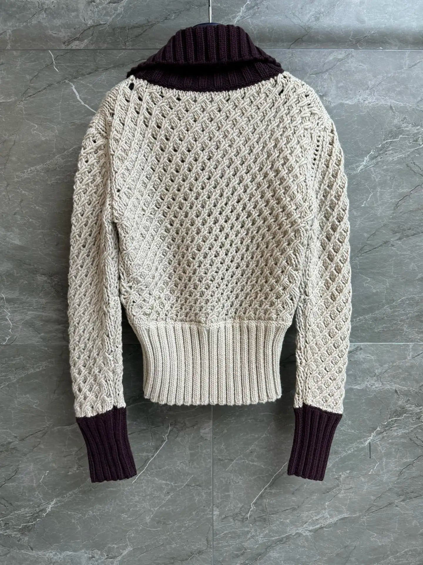 Wool Vintage Crochet Knit Cardigan for Women Zip Up Contrast Collar Cropped Long Sleeve Outerwear