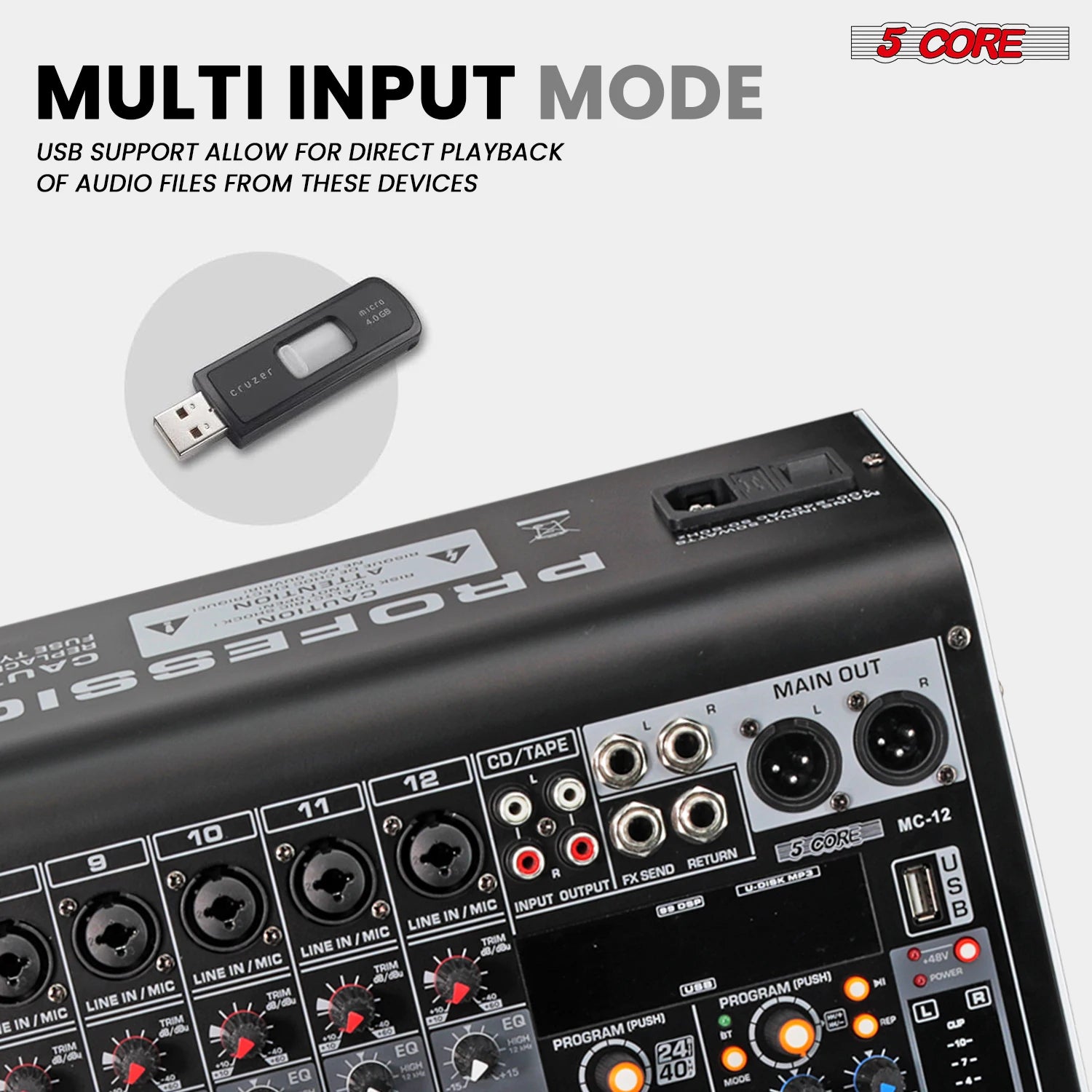5 Core Audio Mixer 12 Channel DJ Soundboard USB Interface Bluetooth Mixing Console w 99 DSP Effect