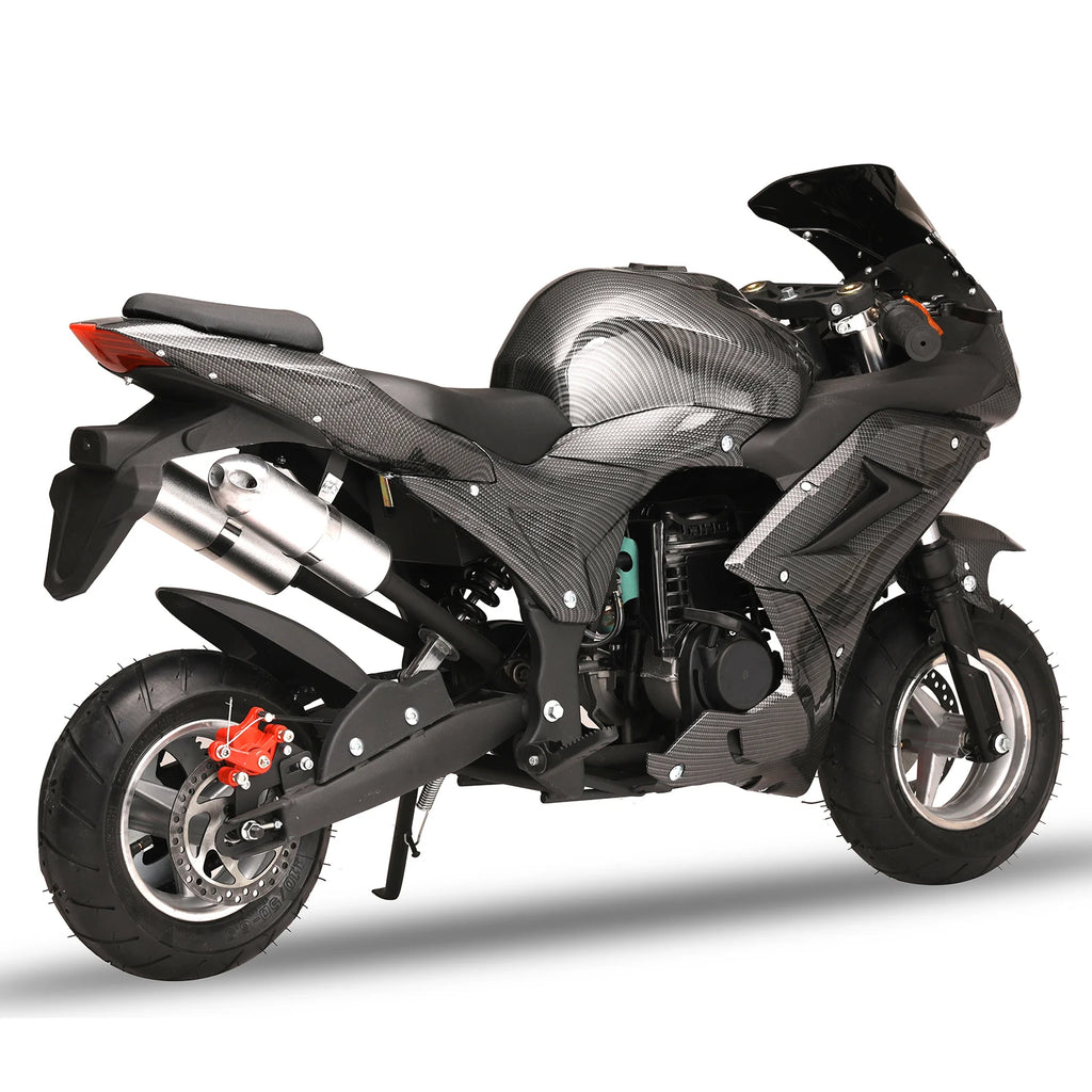 49cc 4-Stroke Mini Motorcycle Gas Pocket Motorbike Pocket Rocket Motorcycle with Front Rear Disc Brakes Racing Max Speed 25MPH