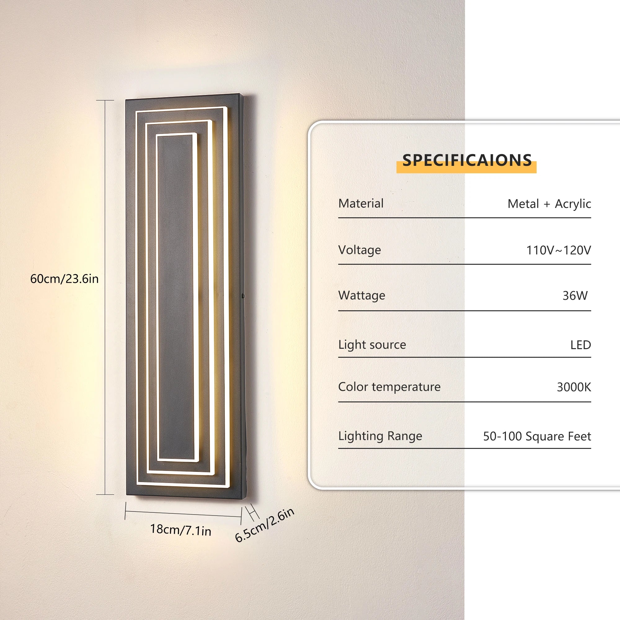 2-Pack Contemporary Outdoor Wall Sconce, Waterproof Metal & Acrylic LED Fixture with 3000K Warm Light, 36W 110-120V UL Listed