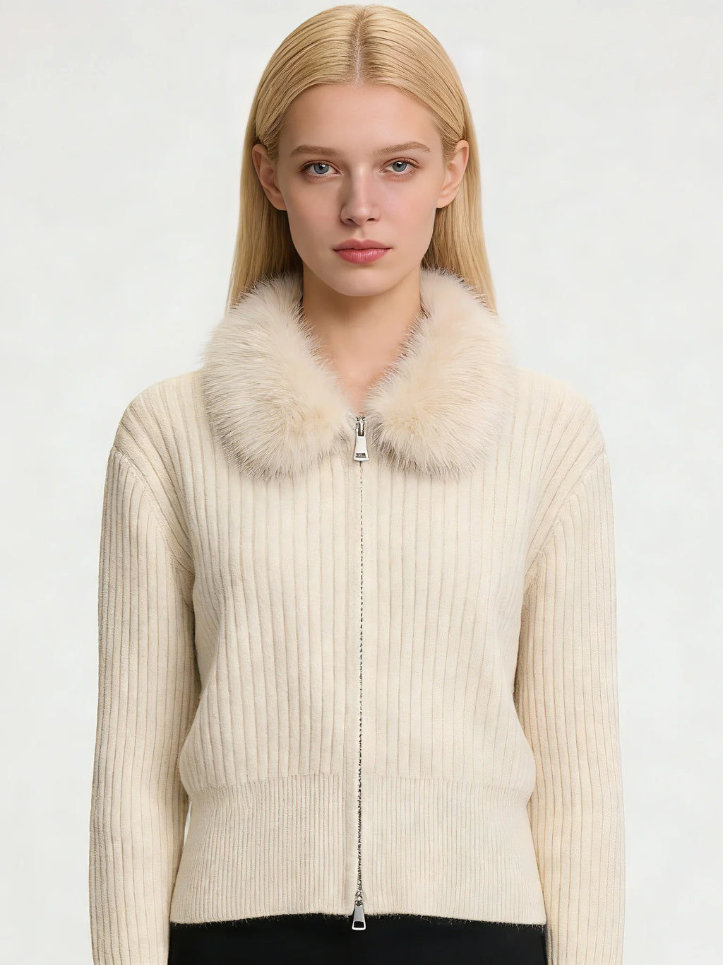 Women's Elegant Faux Fur Collar Zip Up Cardigan Beige Ribbed Knit Short Wool Sweater Outerwear