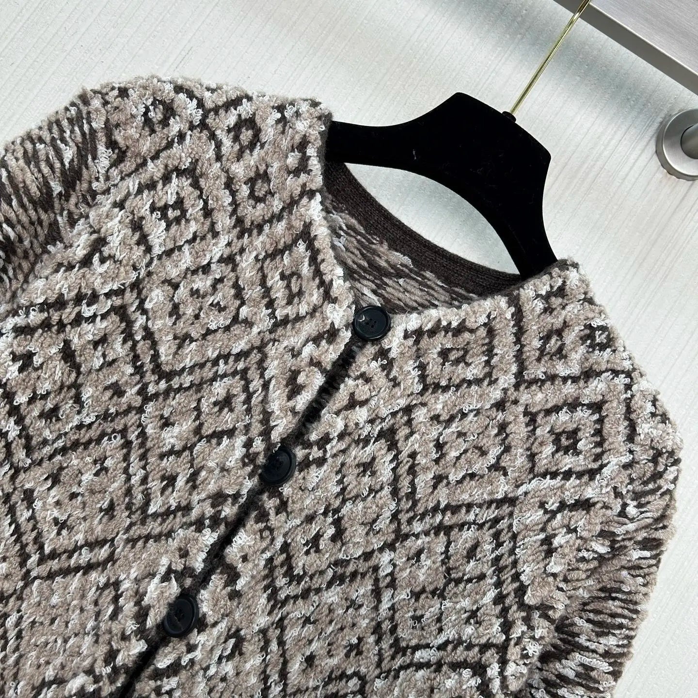 100% Cashmere Women's Luxury Marled Knit Cardigan Diamond Pattern Pocketed Loose Outerwear