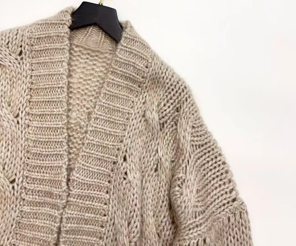 New Women High Quality Long Sleeve Mohair Wool Knitted Cardigan Tops Elegant Casual Loose Hollow Out Sweater Chic Luxury Autumn