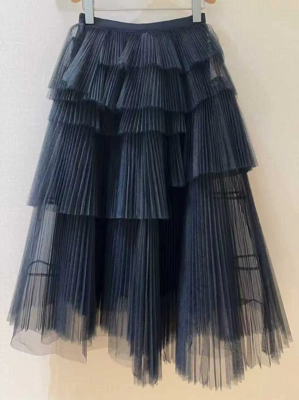 Custom silhouette multi-layered asymmetrical pleated tulle skirt