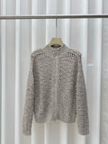 Women's Silk Linen Blend Grey Hollow Out Knit Cardigan Zip Up Mock Neck Long Sleeve Sweater