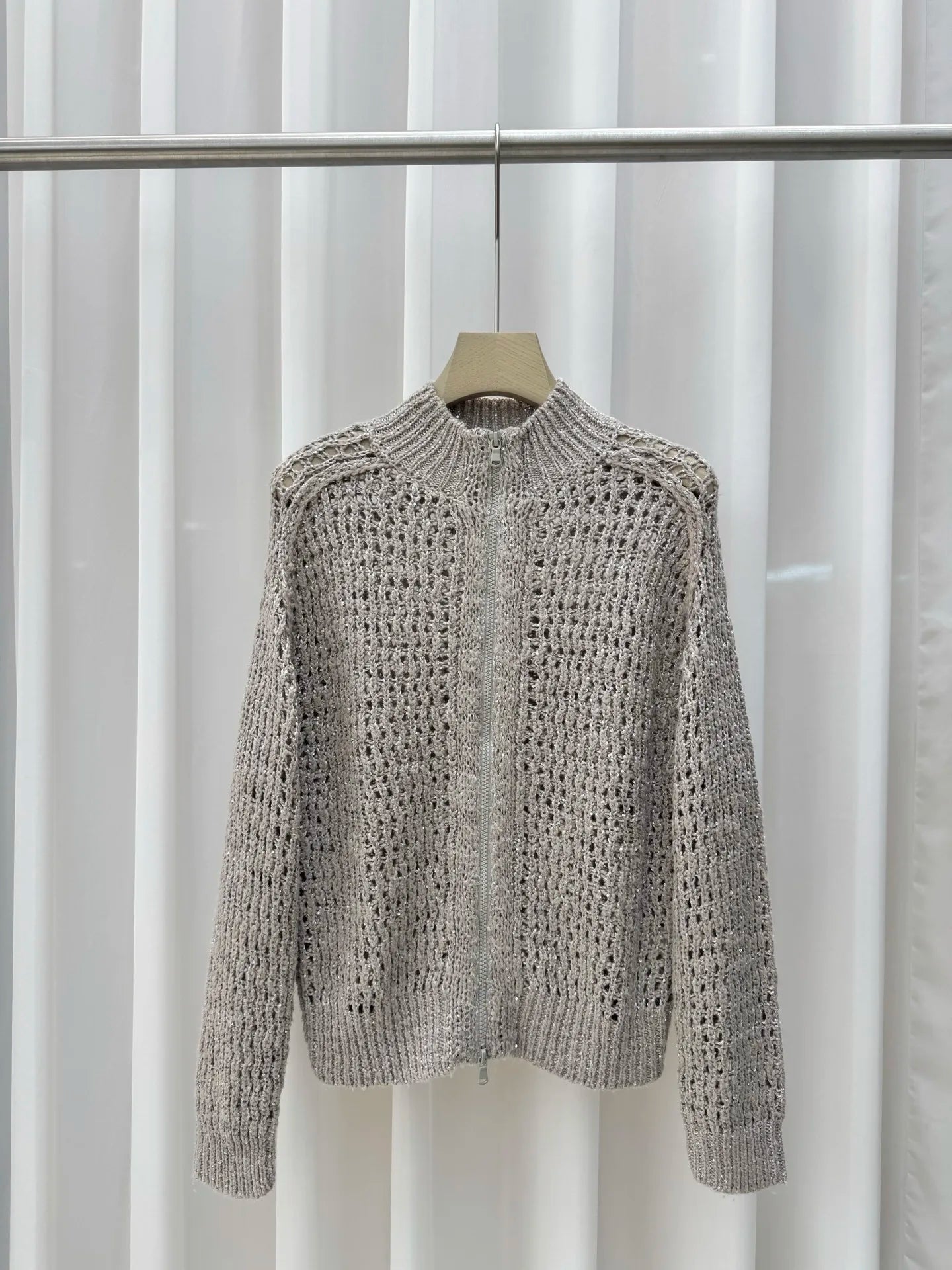 Women's Silk Linen Blend Grey Hollow Out Knit Cardigan Zip Up Mock Neck Long Sleeve Sweater