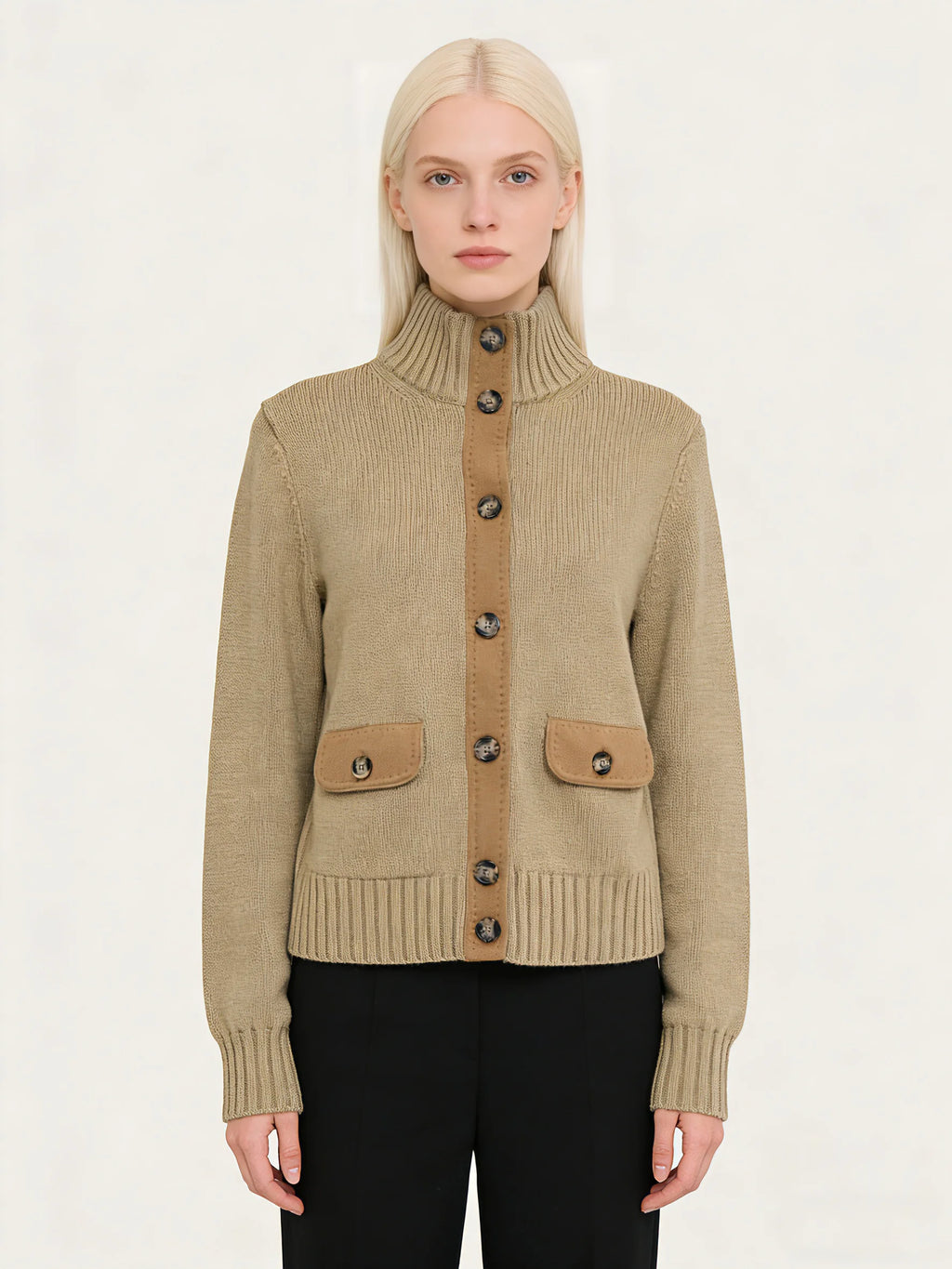 100% Cashmere Vintage Khaki Knitted Cardigan Women Stand Collar Button Patch Pocket Short Sweater Coat