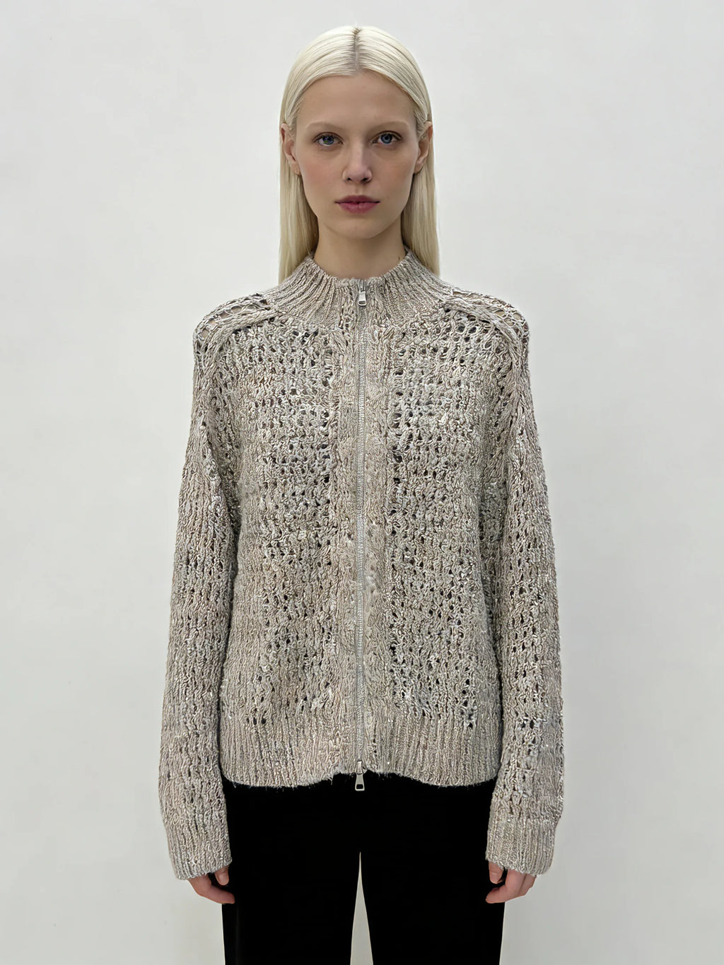 Women's Silk Linen Blend Grey Hollow Out Knit Cardigan Zip Up Mock Neck Long Sleeve Sweater