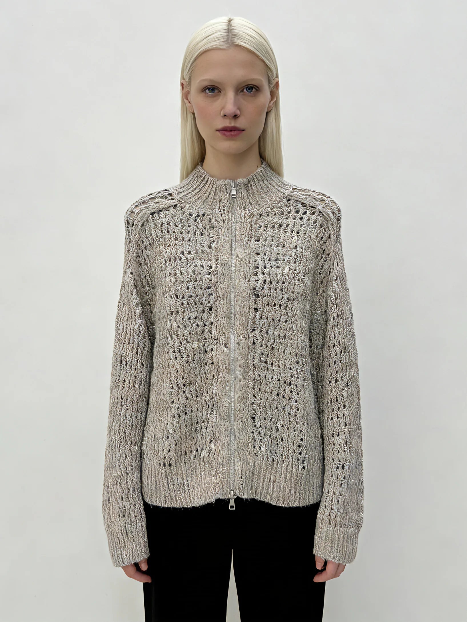 Women's Silk Linen Blend Grey Hollow Out Knit Cardigan Zip Up Mock Neck Long Sleeve Sweater