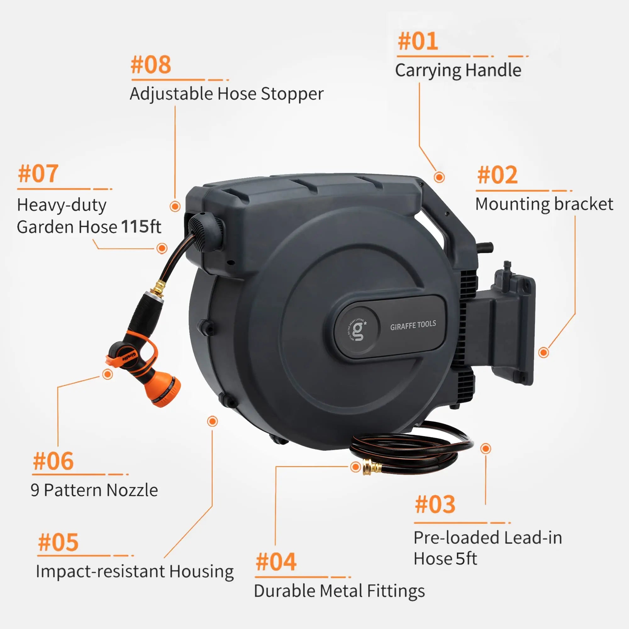 Giraffe Tools AW505/8 Retractable Garden Hose Reel 5/8" x 115+5 ft, Heavy Duty Wall Mounted Water Hose Reel Automatic Rewind