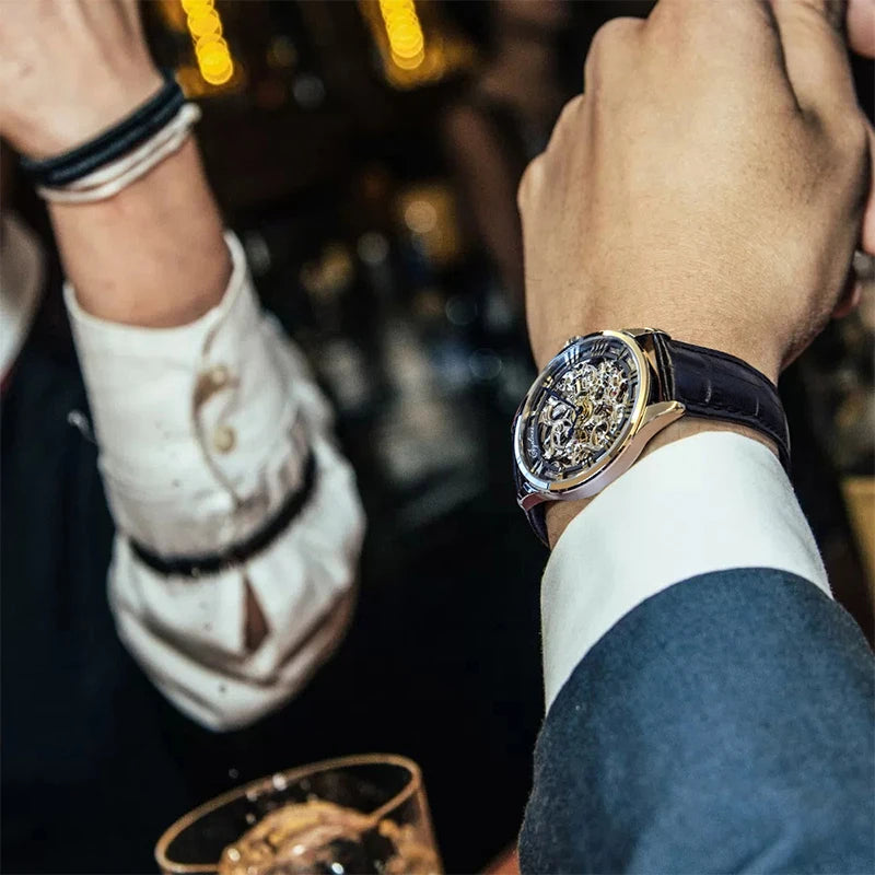 AGELOCER Original Baroque Art Carved Watch Steel Strap Men's Hollow Carved Automatic Mechanical Watch Birthday Gift for Men