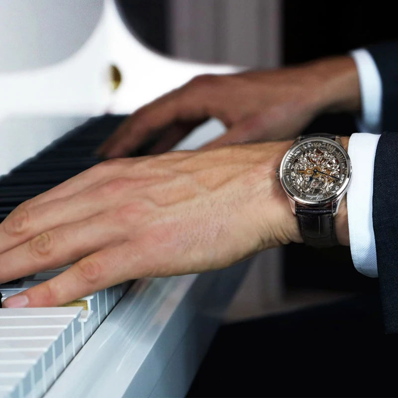 AGELOCER Original Baroque Art Carved Watch Steel Strap Men's Hollow Carved Automatic Mechanical Watch Birthday Gift for Men