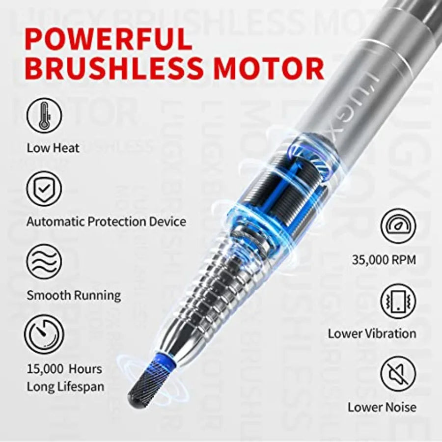 Rechargeable Nail Dust Collector with 35000RPM Brushless Nail Drill for Professional Nail Art Studio and Home Use HighSpeed Pre