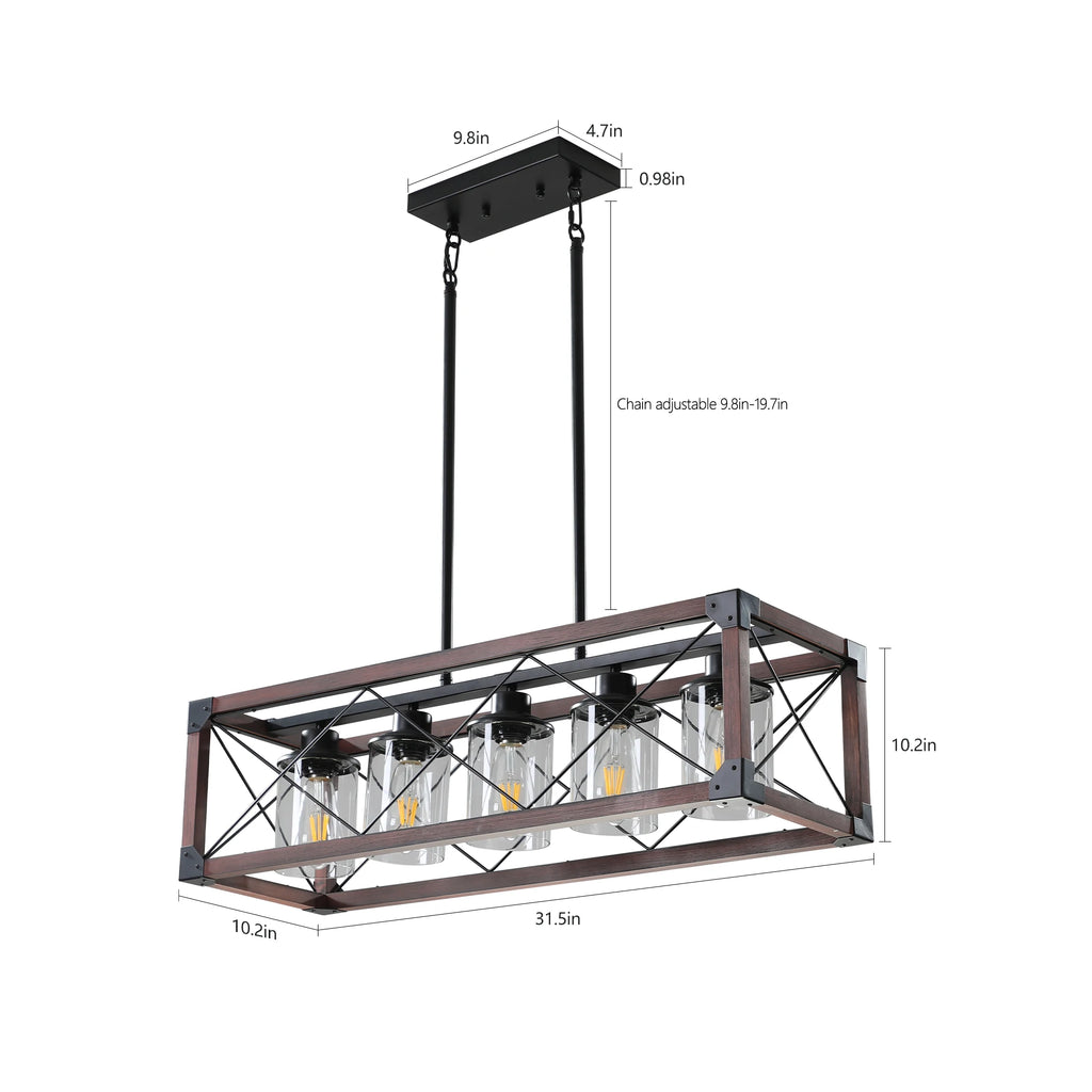 31“Industrial Farmhouse Rectangle Pendant Light - Wood & Iron Metal Frame,Glass lampshade，5-Light E26 Bulb Chandelier (No Bulbs)