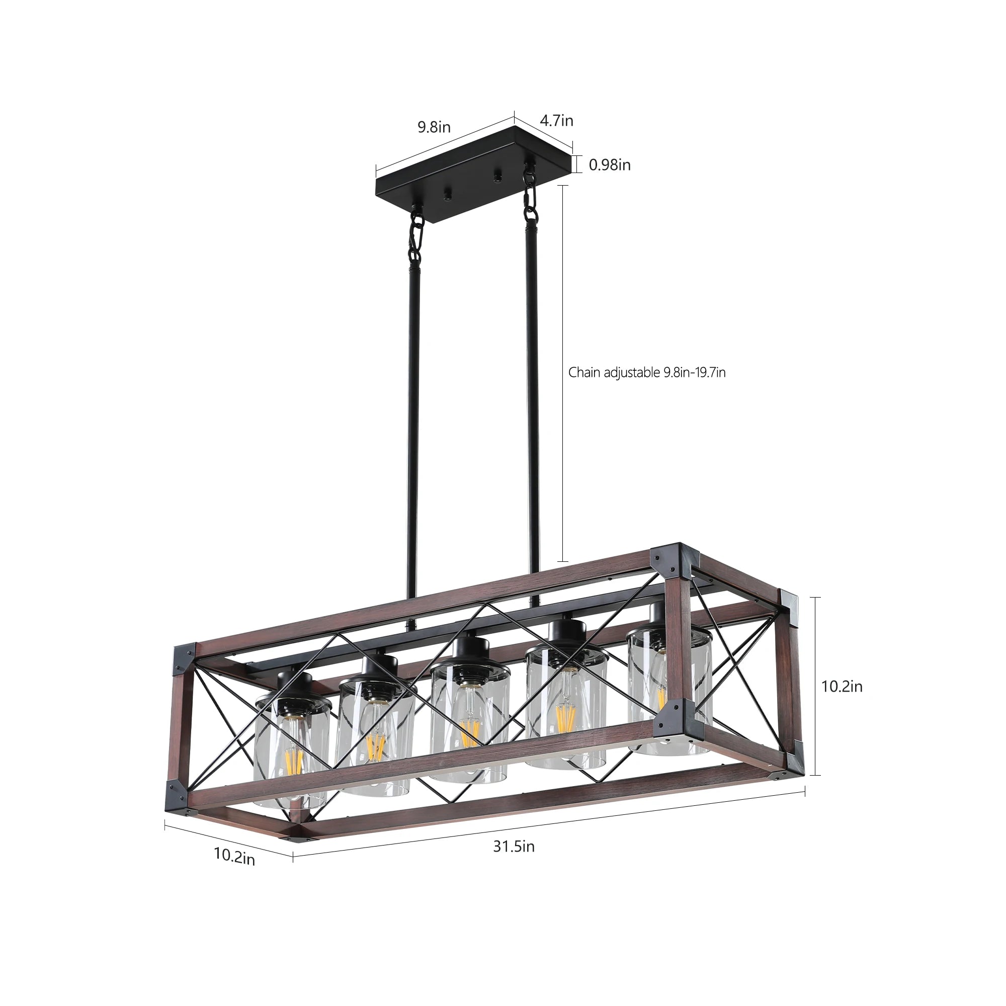 31“Industrial Farmhouse Rectangle Pendant Light - Wood & Iron Metal Frame,Glass lampshade，5-Light E26 Bulb Chandelier (No Bulbs)