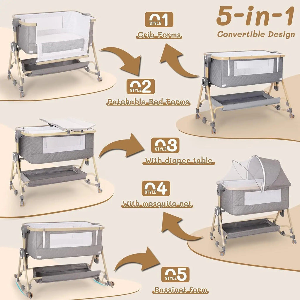 5-in-1 Baby Bassinet with Diaper Table, Mosquito Net, Mattress & Storage - Easy Fold Travel Crib
