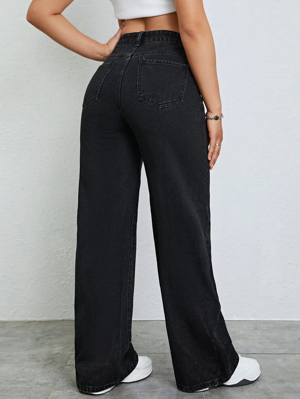 High Waist Wide Leg Black Denim Jeans for Women, Casual Streetwear Style