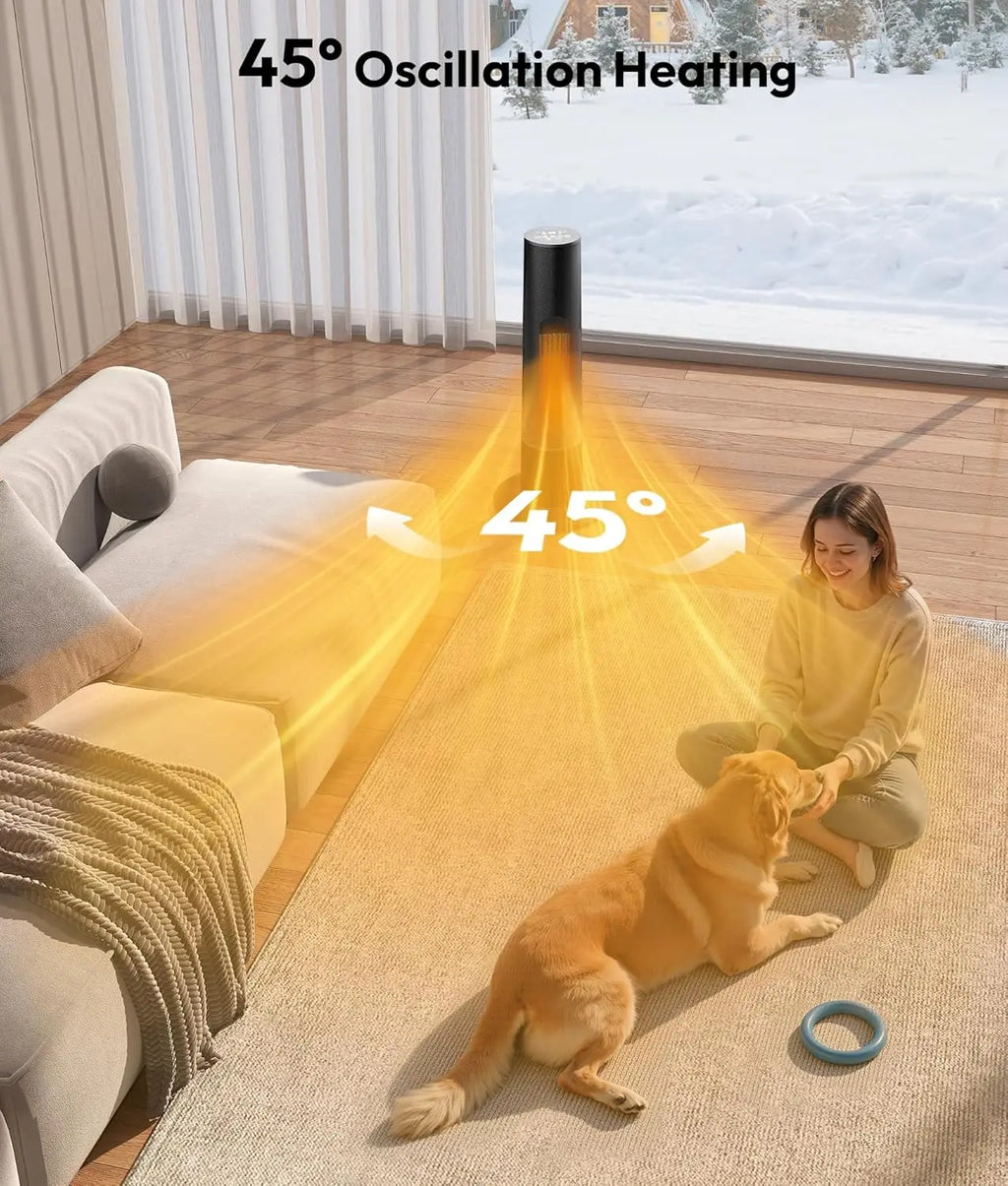 Electric Tower Heater with 3D Flame, Portable Space Heater for Bedroom, Office – 2 Modes, Thermostat, Tip-over Protection, Oscil