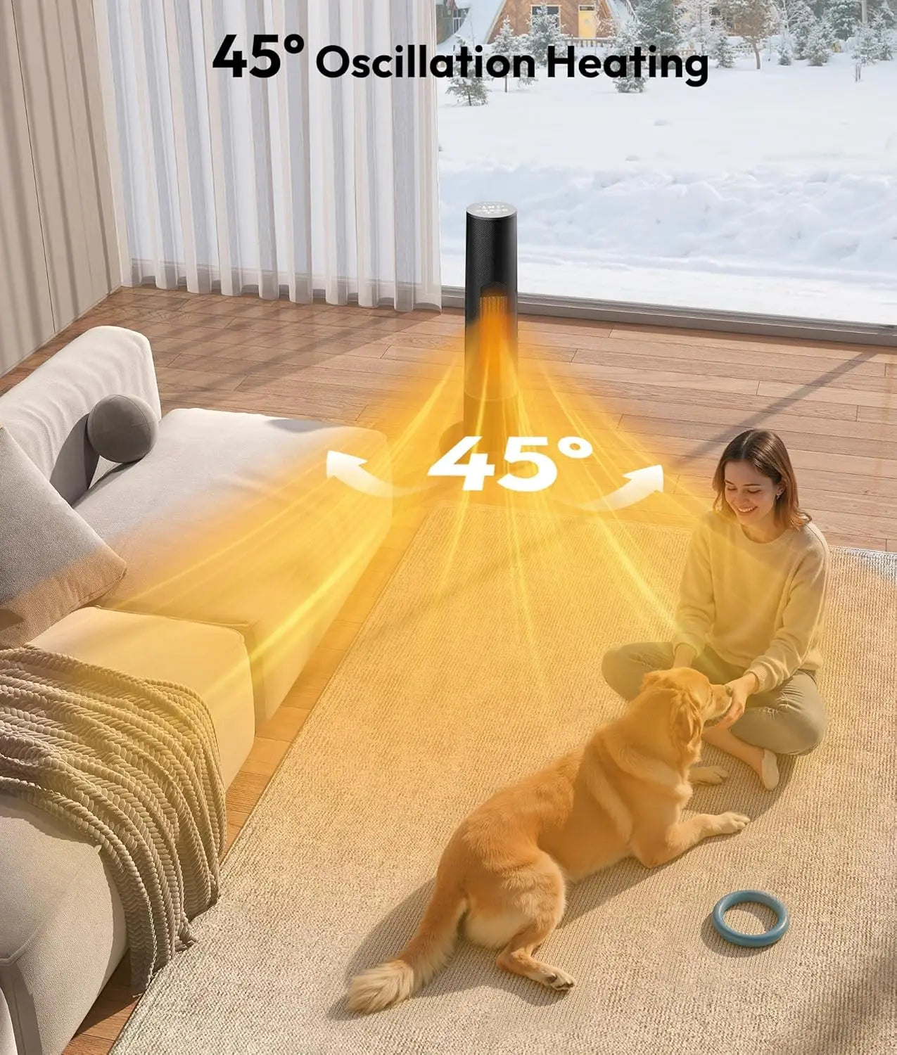 Electric Tower Heater with 3D Flame, Portable Space Heater for Bedroom, Office – 2 Modes, Thermostat, Tip-over Protection, Oscil