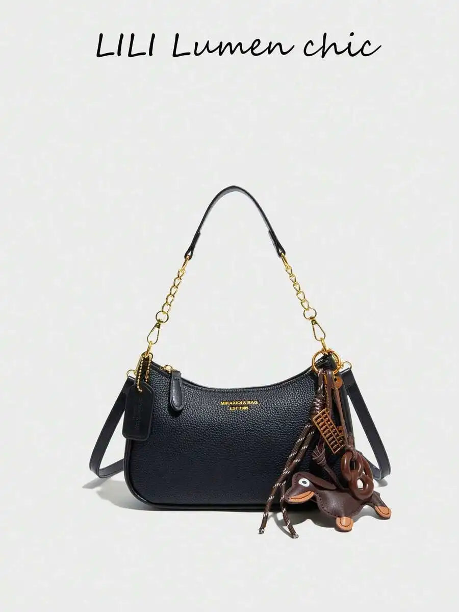 Black Pebbled PU Crescent Shoulder Bag with Gold Chain & Cherry Charm