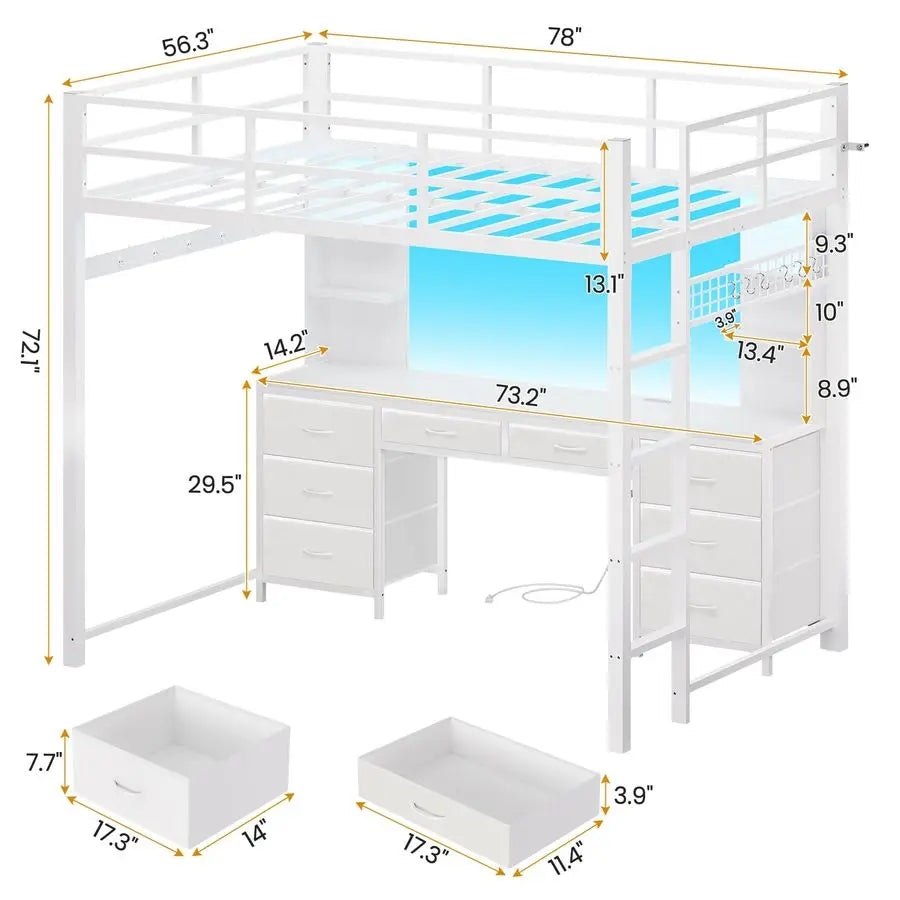Full Size Loft Bed with Desk and 8 Storage Drawers, Metal Loft Beds Full with LED Lights amp Charging Sation, Heavy Duty Loft Be