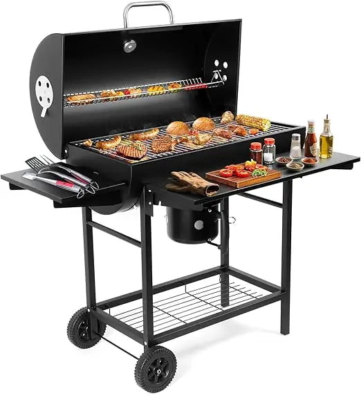Luxurious Outdoor Barrel BBQ Grill with Side Table - High-End Smoker Combo for Backyard Grilling