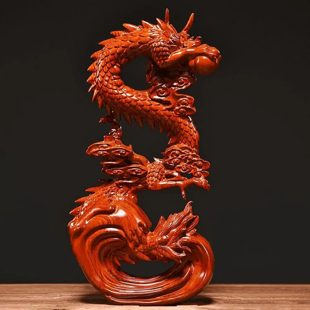 Red 11 Wood Chinese Dragon Statue: Attract Wealth & Good Luck for Home or Office Decor