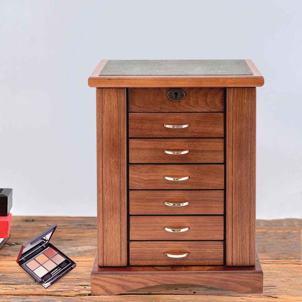7 Layers Large MDF Jewelry Box,White/Walnut Rectangular Jewelry Box Free-standing for Jewelry Storage