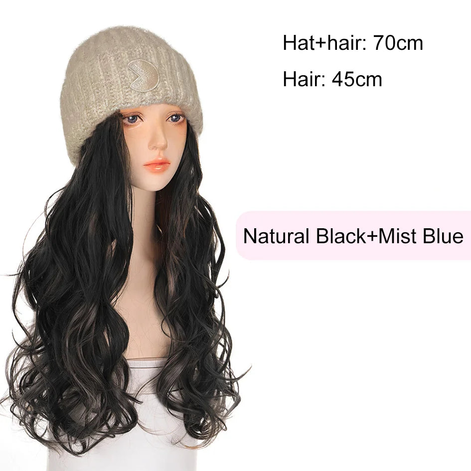 Synthetic 18 inch knitted hat with long curly hair hat wig, wavy wig, winter wig, beige/blue/coffee knitted hat Christmas outfit