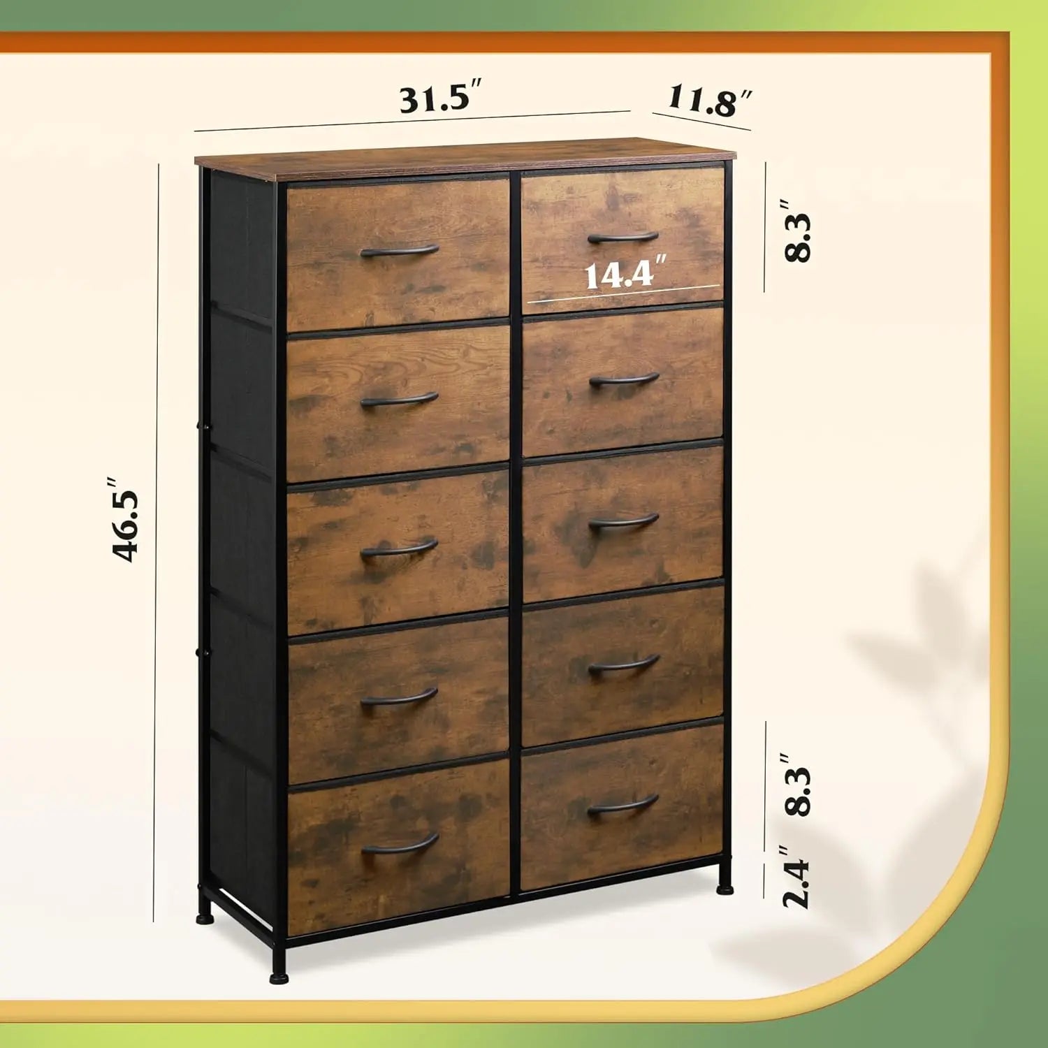 Tall Fabric Dresser with 10 Drawers, Metal Frame, Rustic Brown Wood Grain Print for Bedroom Storage