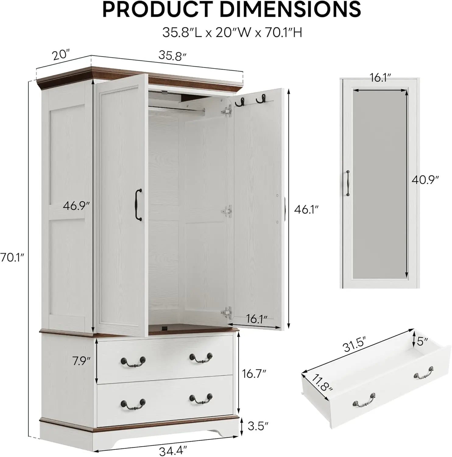 Armoire Wardrobe Closet with Mirror, 70.1" Wooden Clothing Storage Cabinet , Modern Bedroom Freestanding Wardrobe Combination