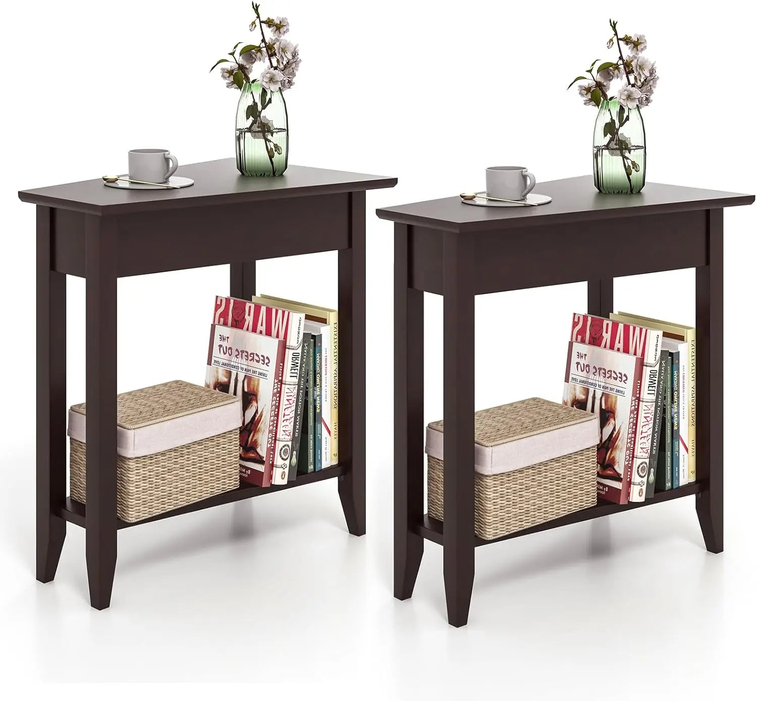 2-Tier Wedge End Table Set of 2, Narrow Triangle Nightstand with Storage, Solid Wood Legs, Espresso