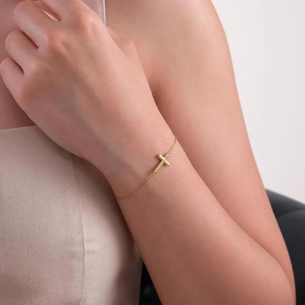 14K Gold-Plated Sideways Cross Women's Bracelet - Dainty CZ-Accented Christian Jewelry, Perfect Religious Gift for Baptism or He