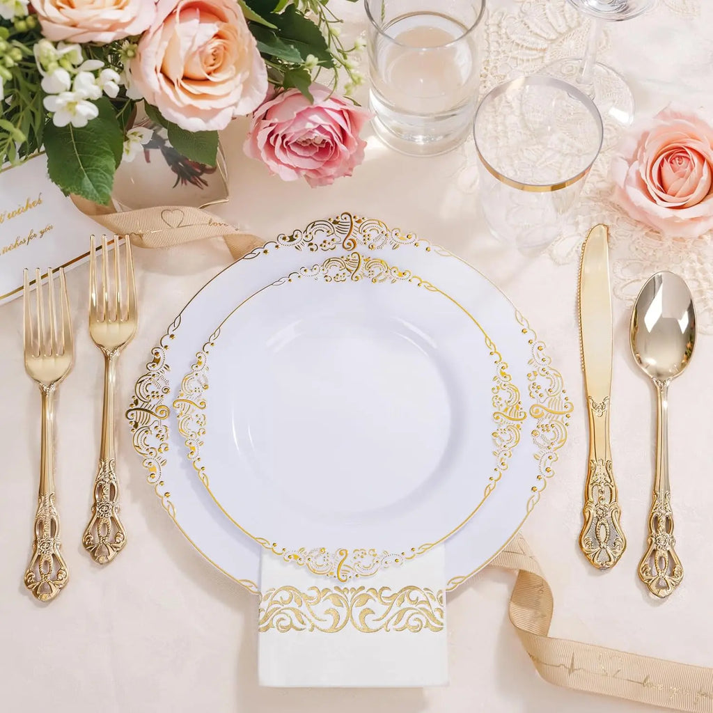 700PCS Gold Plastic Dinnerware Set - White and Gold Disposable Plates for 100 Guest - 200 Disposable Plates, 300 Heavy Duty