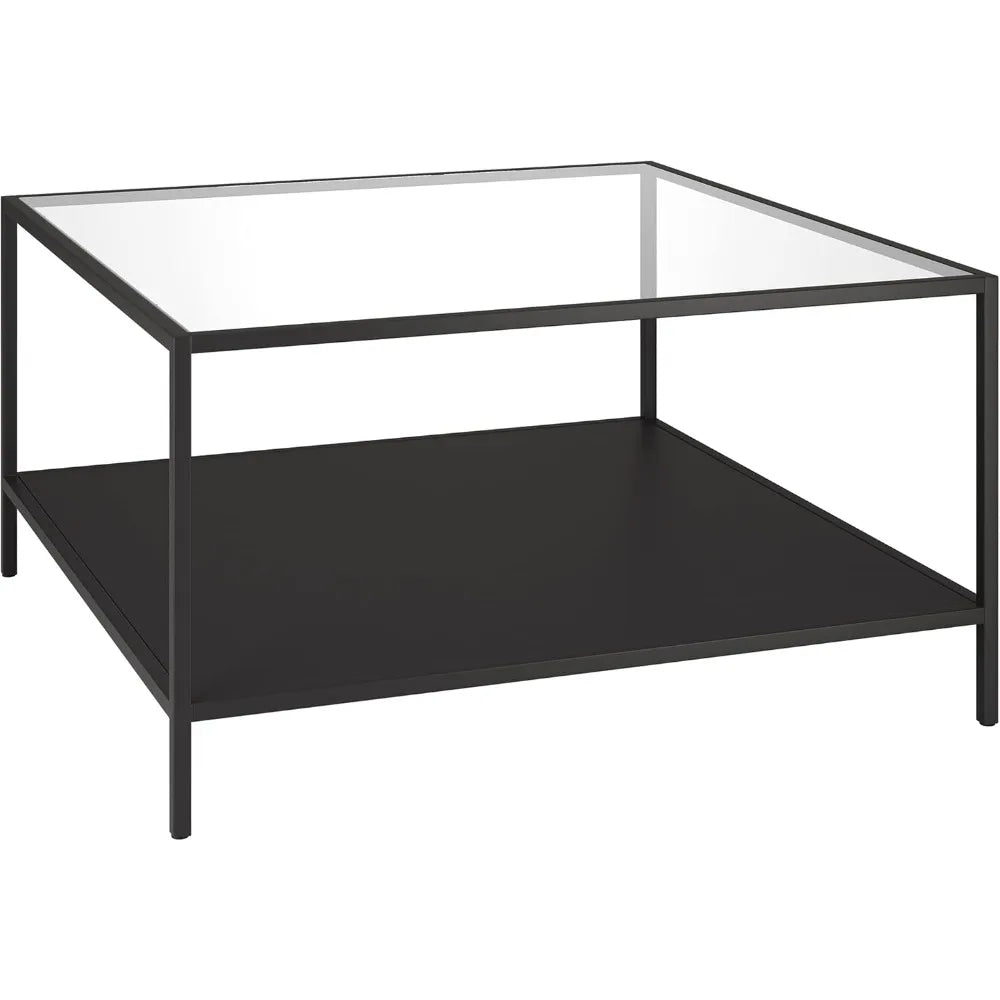 Square 32 Wide Coffee Table with Metal Shelf in Blackened Bronze, Modern coffee tables for living room, studio apartment.
