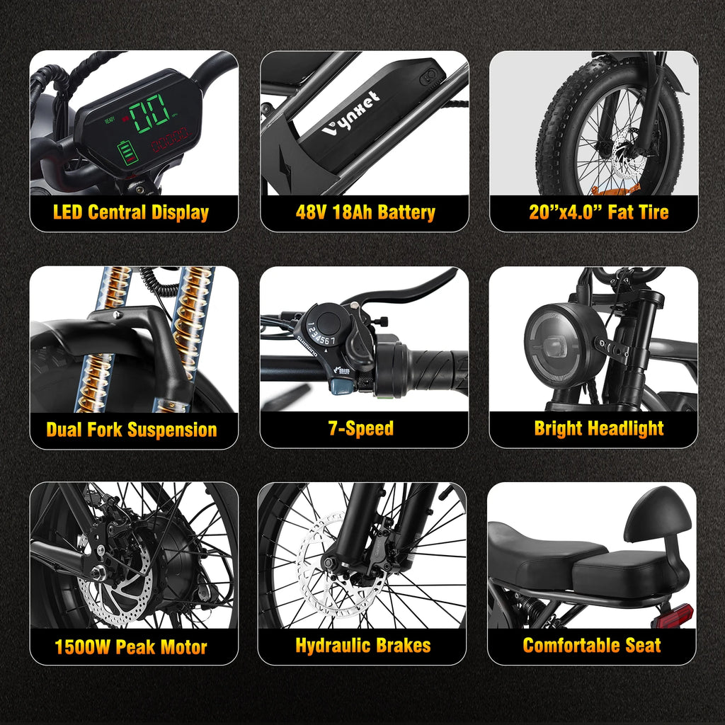 Vynxet Electric Bike Electric Motorcycle 1500W 48V 864Wh Fat Tire Ebike 68+ Miles All-Terrain E-Bike