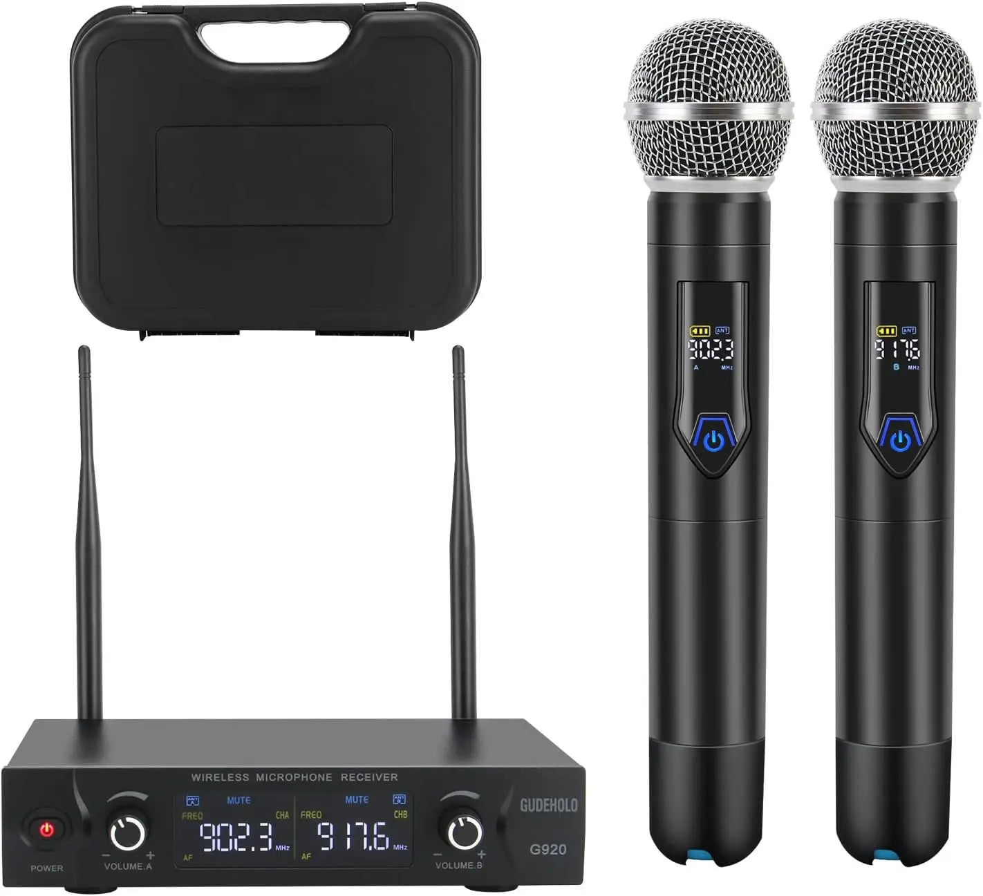 Wireless Microphone System, Metal UHF Dual Handheld, 20 Channels, Professional Cordless Mic for Church, DJ, Karaoke, Wedding