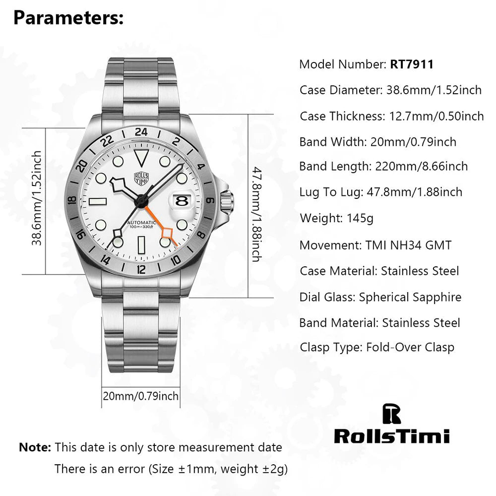 2025 New RollsTimi GMT Men's Mechanical Watches Luxury NH34 Automatic Watch For Men AR Sapphire Mirror Super Luminous Waterproof