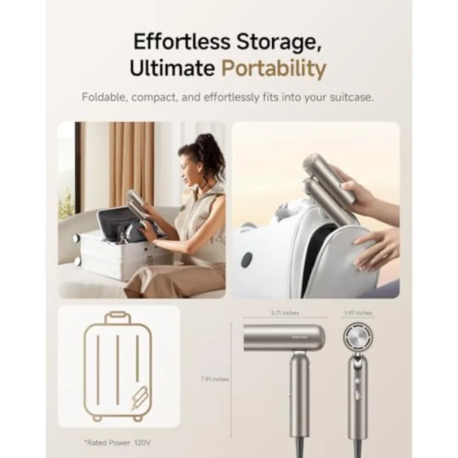 Pocket Pure High-Speed Hair Dryer Lightweight Foldable Blow Dryer with 110 000 RPM Motor Ionic Care 5 Modes Travel Bag Quiet Fa