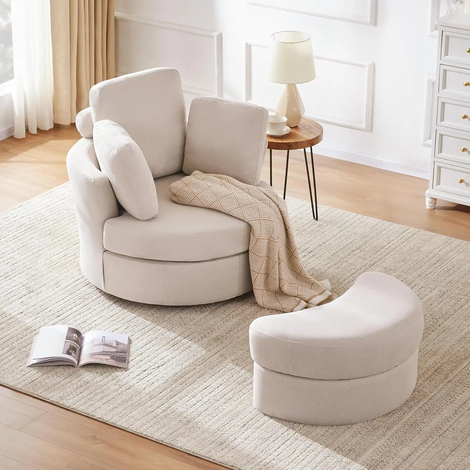 39' Swivel Accent Chair with Headrest & Ottoman, Beige Chaise Lounge for Living Room