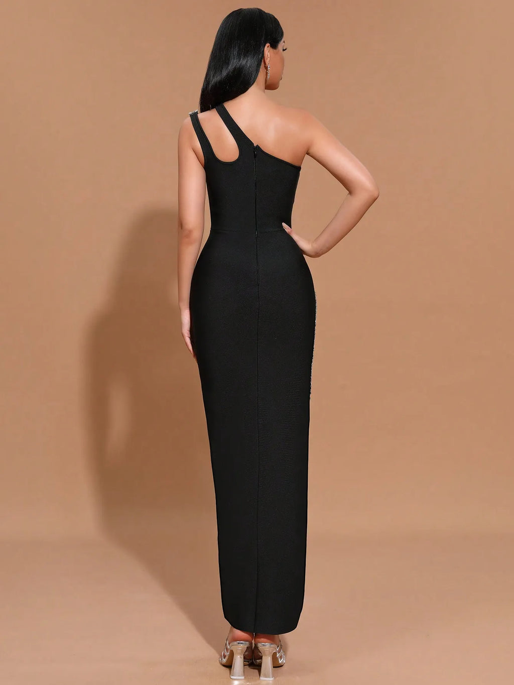 Black One-Shoulder Rhinestone Bodycon Maxi Dress with High Slit for Formal Evening Prom Wedding