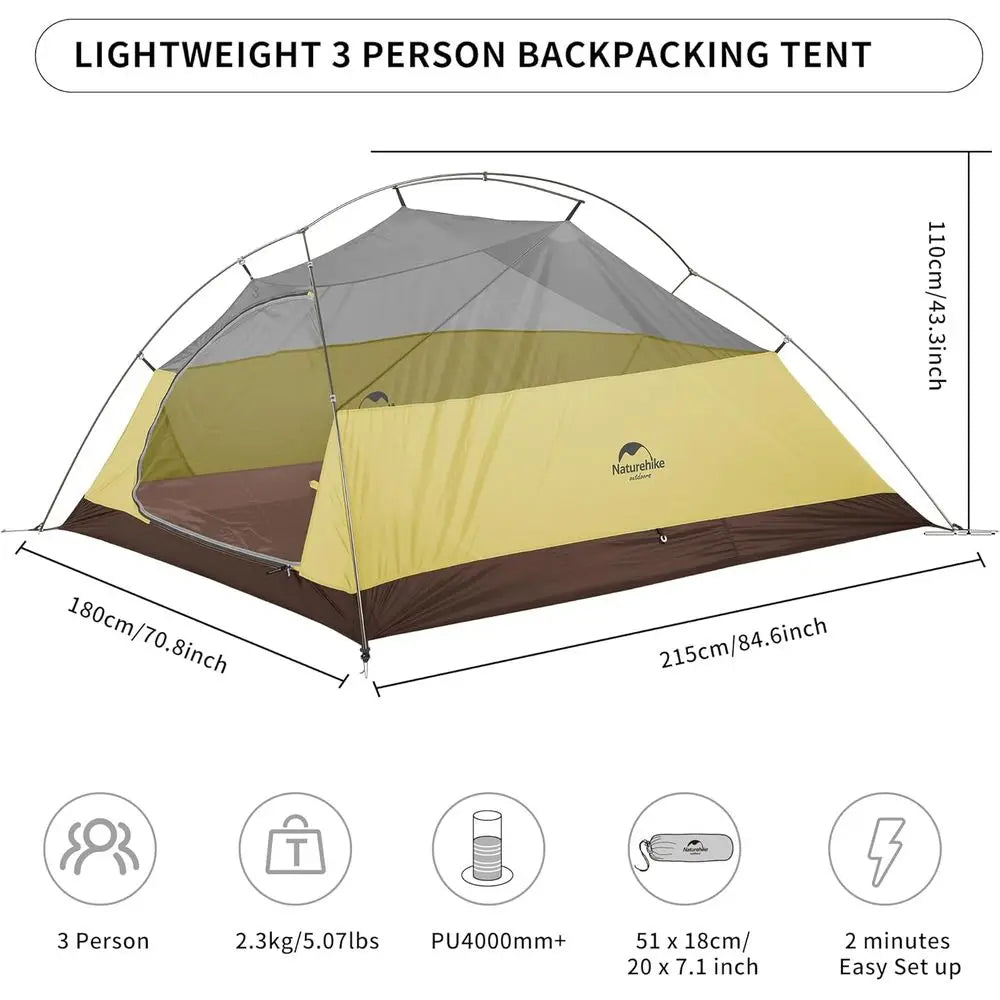 3-Person Lightweight Backpacking Tent for 3-Season Camping, Freestanding Dome Design with Waterproof Feature
