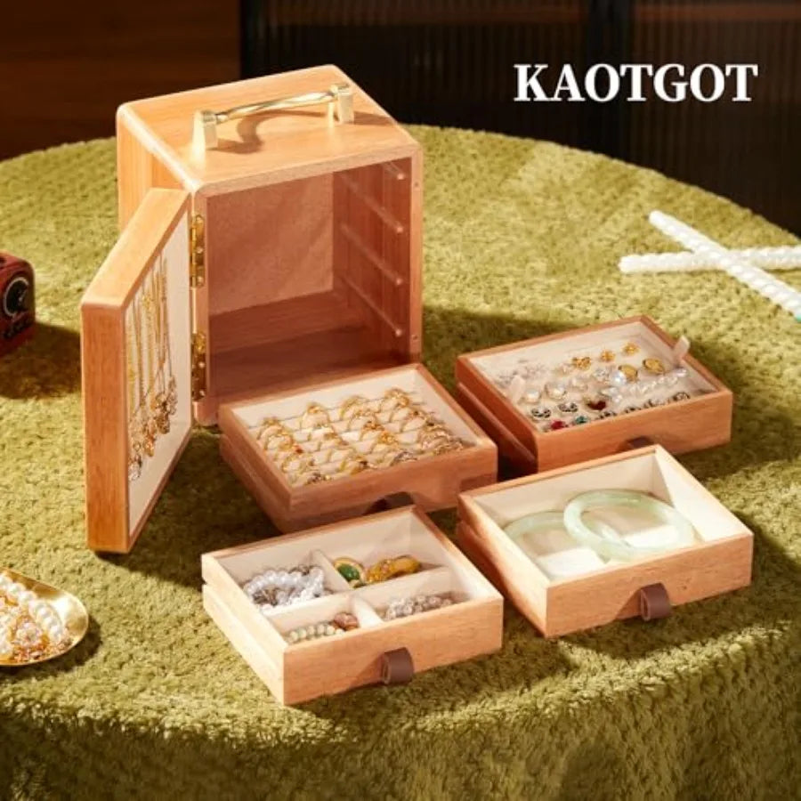 Wooden Jewelry Box for Women Walnut Wooden Jewelry Box with handle 4-Tier Jewelry Organizer for Rings Necklaces
