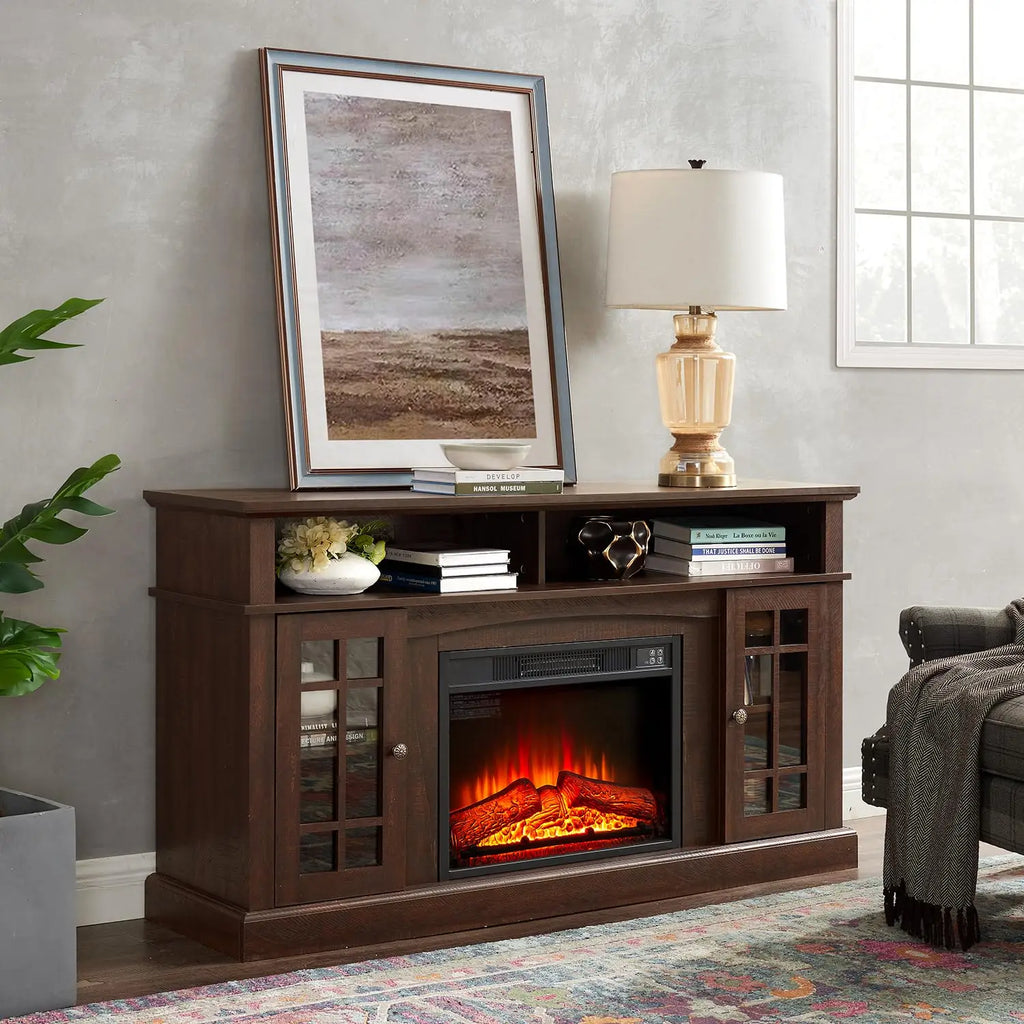 58" Farmhouse TV Stand with 23" Electric Fireplace Heater, Rustic Entertainment Center for TVs up to 65",, Customized